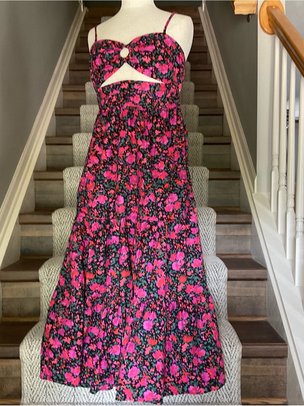 Pink & Black Floral Cutout Cotton Maxi